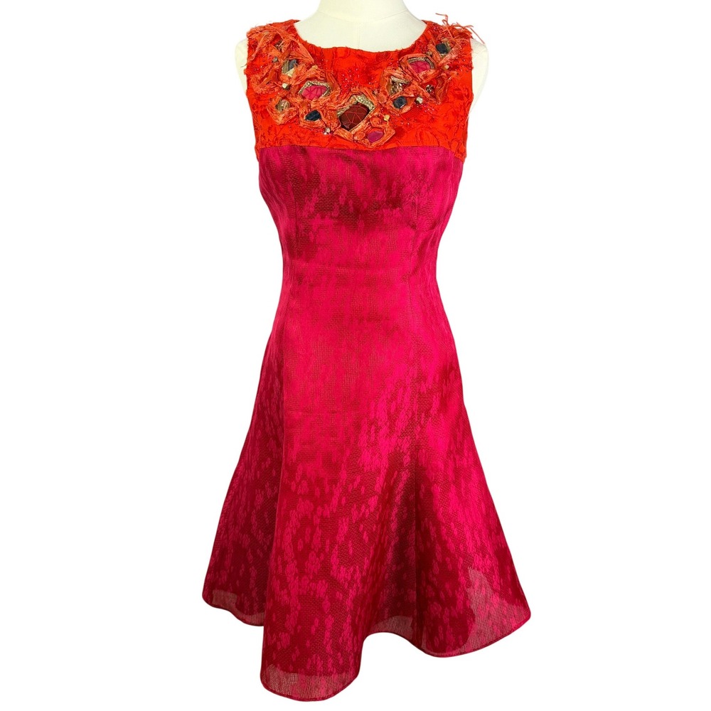 Carolina‎ Herrera Silk Embellished Cocktail Dress Pink Orange Floral Jacquard